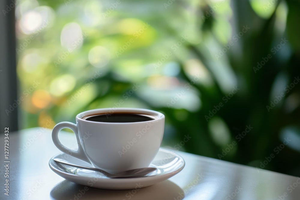 Cafe black coffee cup, window greenery background Cafe black coffee cup, window greenery background