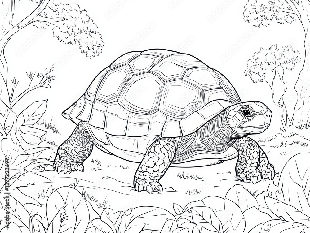 Fototapeta premium Giant Tortoise in Habitat: A detailed illustration of a giant tortoise, showcasing its textured shell and sturdy legs, navigating its natural environment.