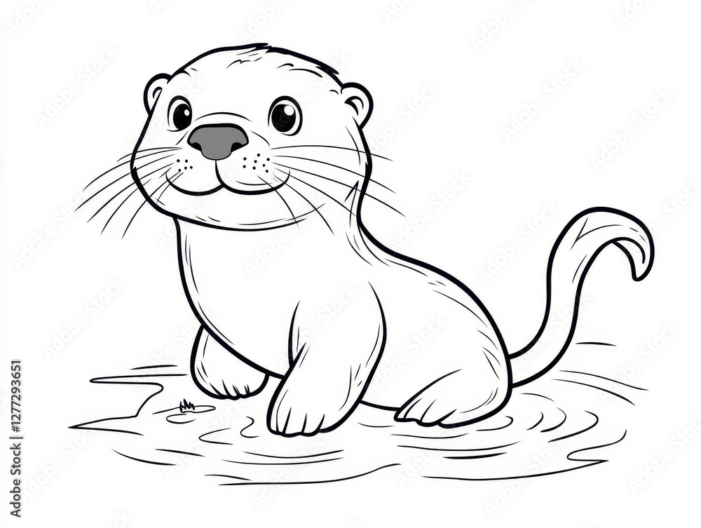 Fototapeta premium Smiling Otter Cartoon: A charming black and white cartoon of an adorable otter, radiating joy and playfulness, rendered in a simple.