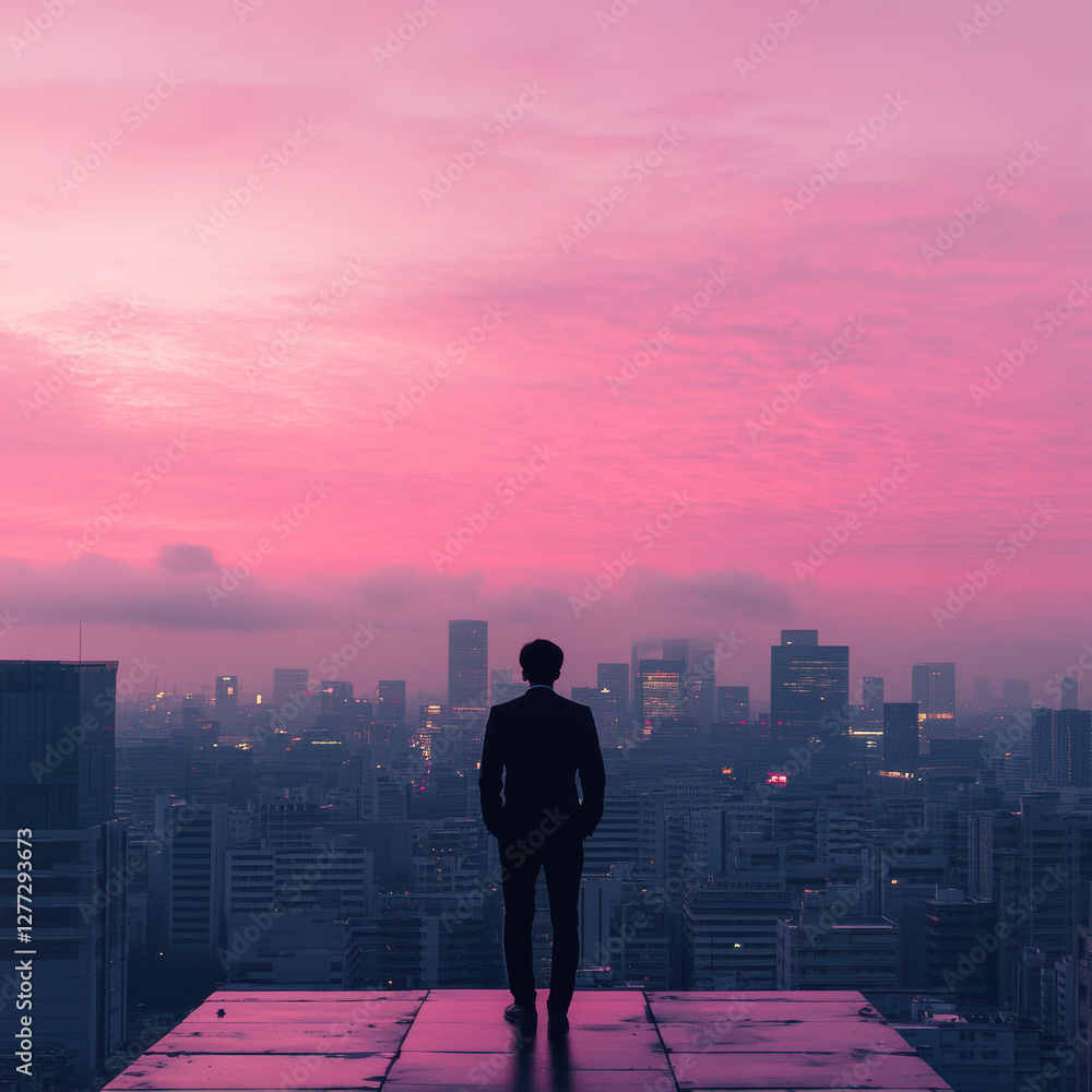 Contemplating success businessman overlooking cityscape at sunset urban environment inspirational viewpoint Contemplating success businessman overlooking cityscape at sunset urban environment inspirational viewpoint