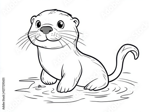 Smiling Otter Cartoon: A charming black and white cartoon of an adorable otter, radiating joy and playfulness, rendered in a simple.