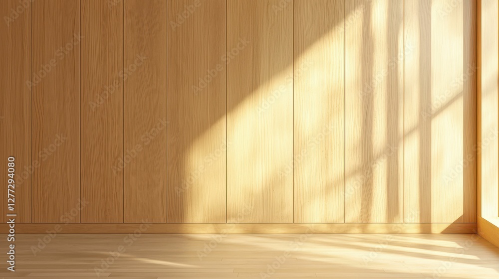 Sunlight Casting Gentle Shadows on Warm Wooden Interior Walls Sunlight Casting Gentle Shadows on Warm Wooden Interior Walls