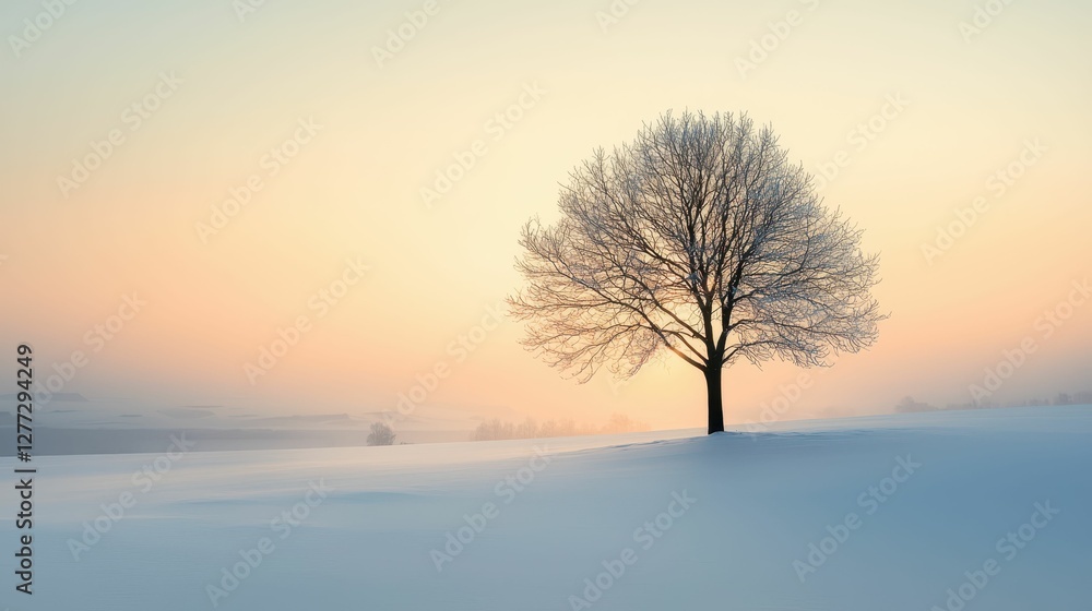 Lone Tree in Winter Landscape at Dawn with Soft Color Palette Lone Tree in Winter Landscape at Dawn with Soft Color Palette
