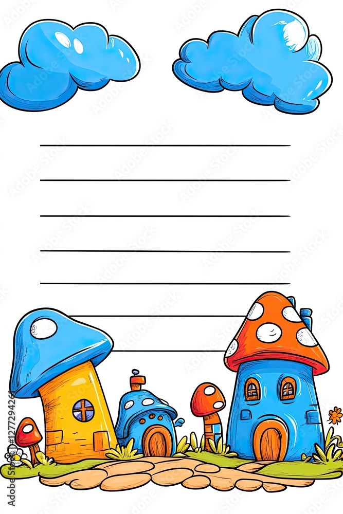 Fototapeta premium Colorful mushroom houses on a lined background with clouds.