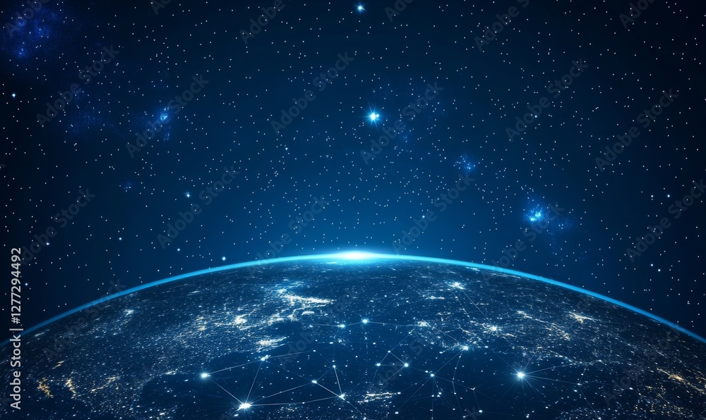 Obraz premium Global Network, Night Earth, Starry Space, Global Connectivity