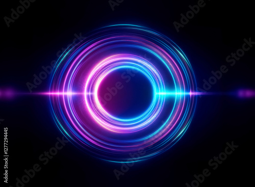 Neon circles glow with vibrant colors, creating a mesmerizing light effect. Abstract rings radiate energy in a dark space.