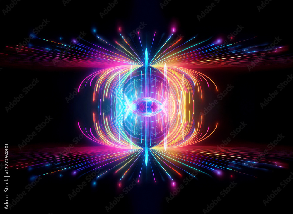 Obraz premium Vibrant neon lights burst from a glowing central sphere, creating an abstract and energetic display. Colorful trails radiate outwards against a stark black backdrop.