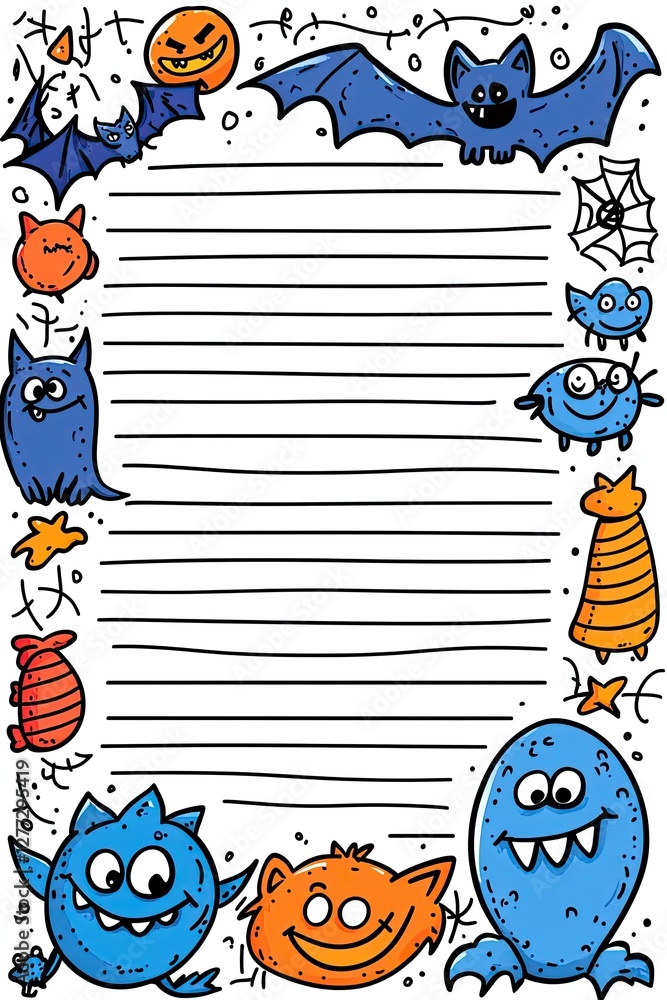 Fototapeta premium Halloween themed lined paper with cute monsters.