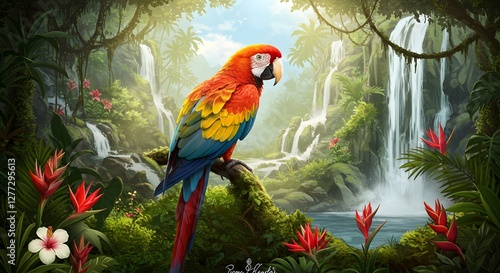 Wallpaper Mural Vibrant Macaw Parrot in Lush Jungle Setting with Waterfalls Artwork Torontodigital.ca