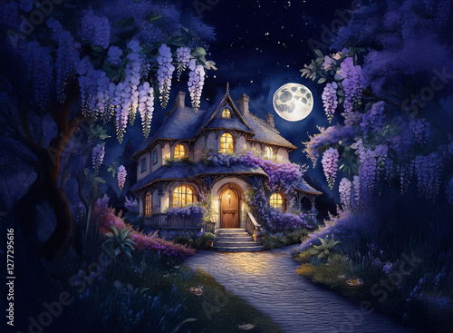 A magical house glows under moonlight, surrounded by wisteria blooms at night. Dark background enhances the dreamy, peaceful atmosphere.