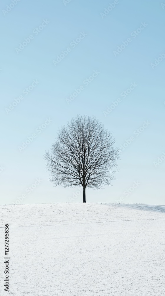 Solitary Tree on Snowy Hilltop Under Clear Blue Sky Solitary Tree on Snowy Hilltop Under Clear Blue Sky