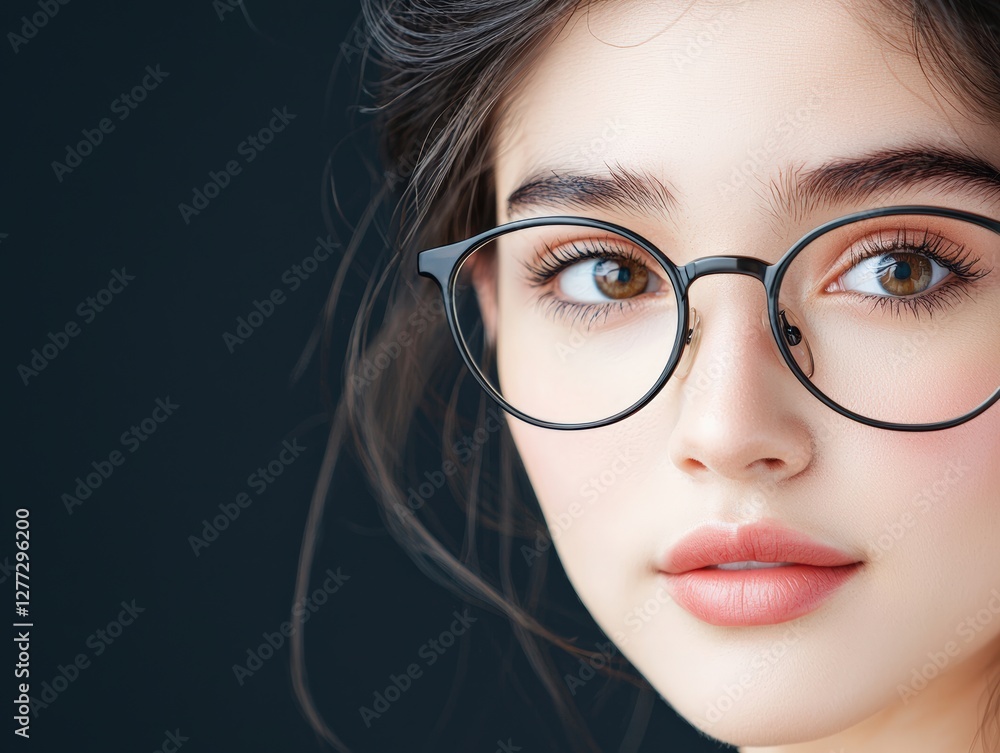 Fototapeta premium Woman with glasses against a dark background.