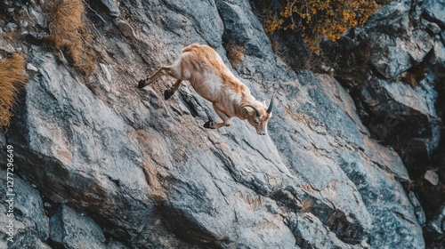 Mountain Goat Leaping Across Rocky Cliff Face photo