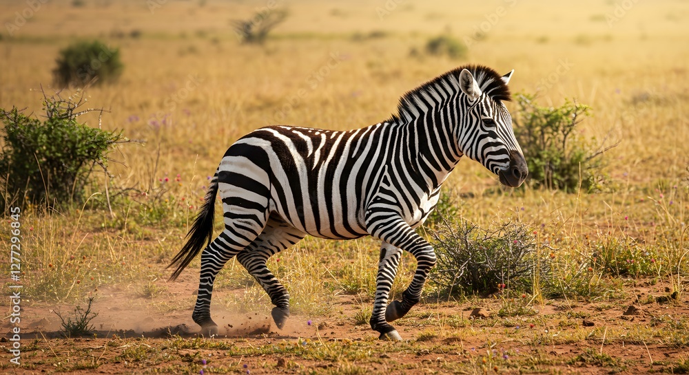 Obraz premium Zebra Running in African Savanna Landscape on Sunny Day