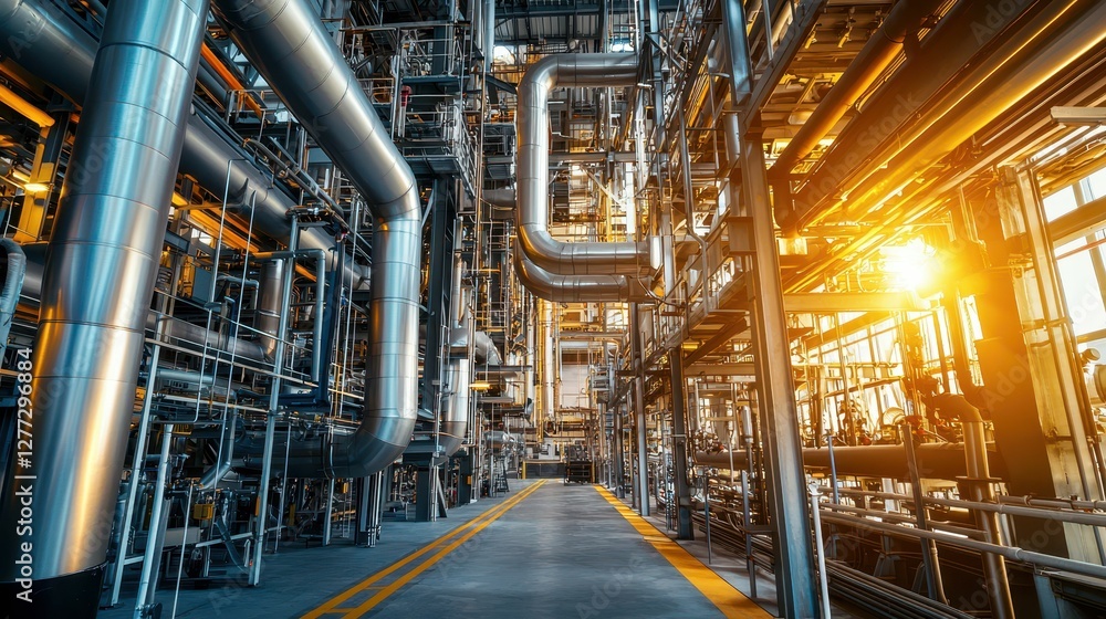 Fototapeta premium Modern Industrial Facility with Steel Pipes and Bright Lighting