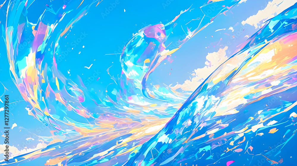 虹色にきらめく波しぶきのイラスト背景 虹色にきらめく波しぶきのイラスト背景