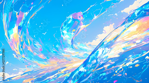 虹色にきらめく波しぶきのイラスト背景