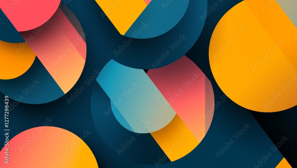Abstract geometric shapes in vibrant colors; layered, overlapping circles, triangles, and rectangles on a dark background. Use digital backdrop, website header Abstract geometric shapes in vibrant colors; layered, overlapping circles, triangles, and rectangles on a dark background. Use digital backdrop, website header