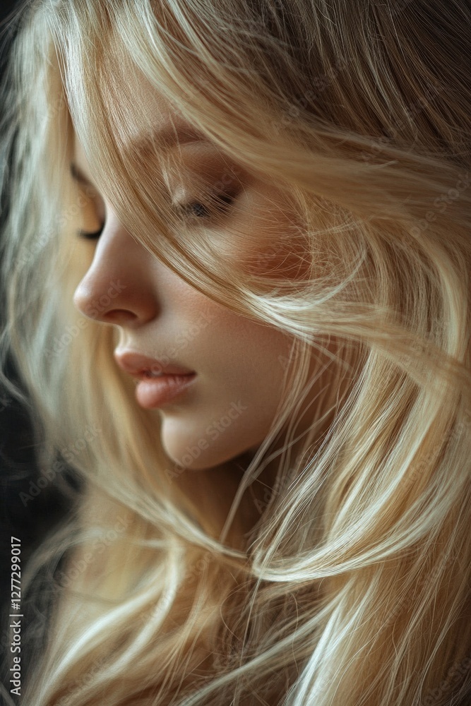 A captivating side profile of a woman showcasing her elegant features and flowing blonde hair. A captivating side profile of a woman showcasing her elegant features and flowing blonde hair.