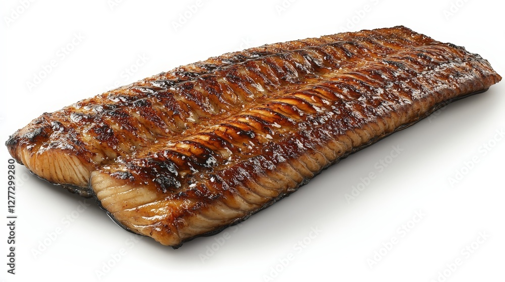 A beautifully grilled piece of eel, showcasing its glossy, caramelized surface. A beautifully grilled piece of eel, showcasing its glossy, caramelized surface.