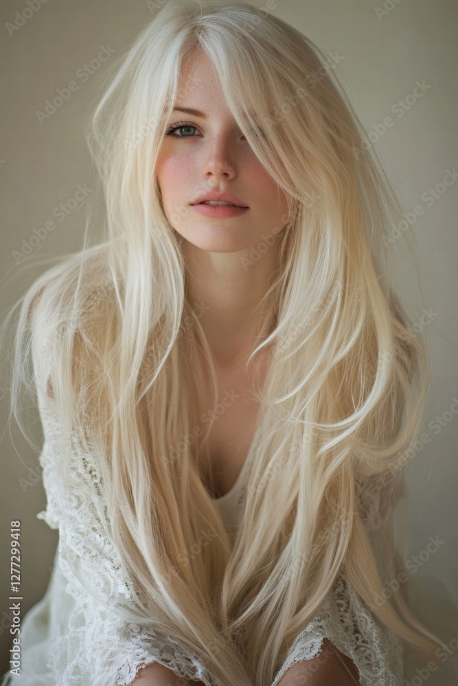 Fototapeta premium A beautiful portrait of a young woman showcasing her long blonde hair and innocent expression.