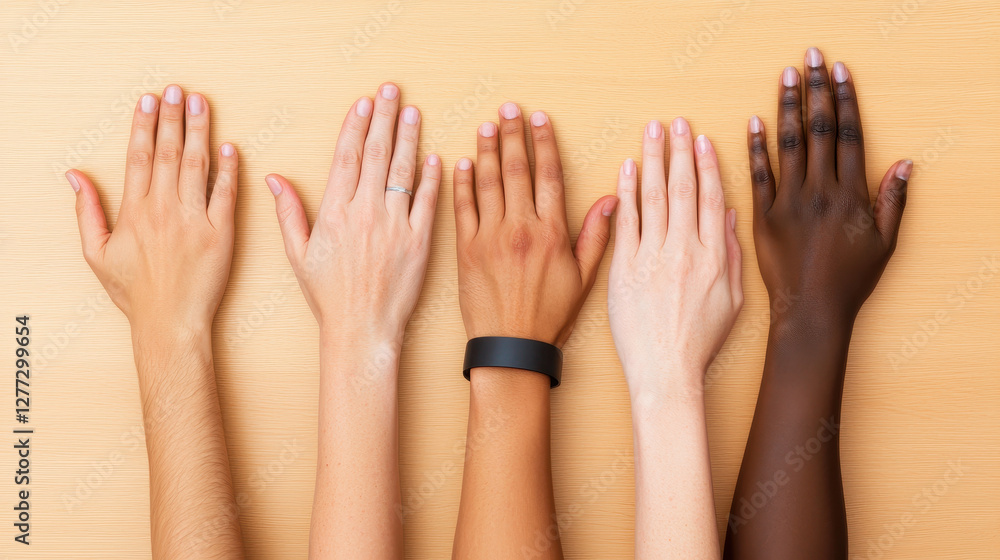 Diverse hands of different skin tones arranged on wooden surface Diverse hands of different skin tones arranged on wooden surface