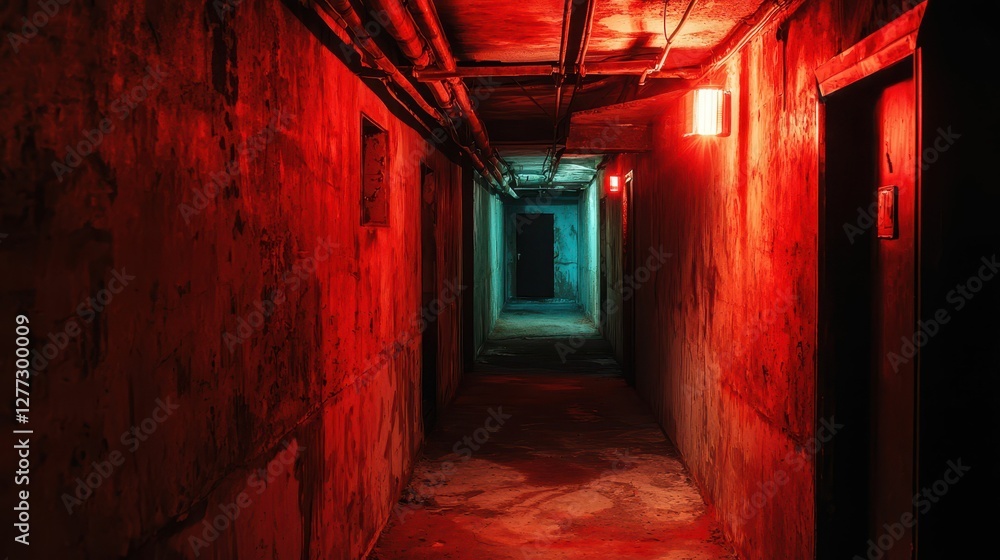 Dimly Lit Abandoned Corridor with Vibrant Red and Blue Lights Dimly Lit Abandoned Corridor with Vibrant Red and Blue Lights