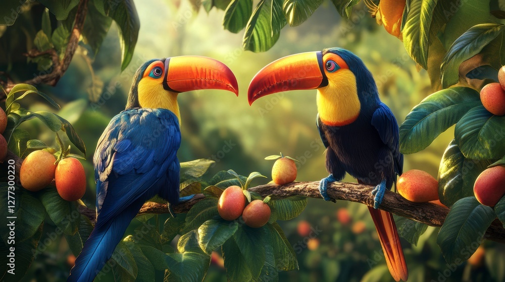 Obraz premium Toucans in Tropical Fruits Tree, Close-Up View, Peaceful Scene, Nature Photo
