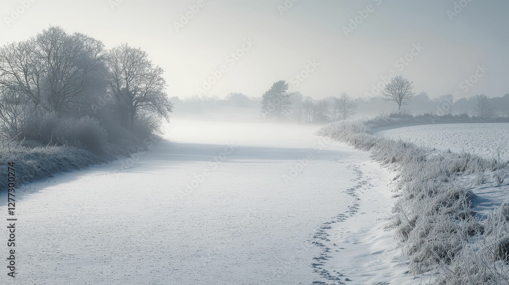 Tranquil Winter Landscape with Frozen River and Frosty Trees Tranquil Winter Landscape with Frozen River and Frosty Trees