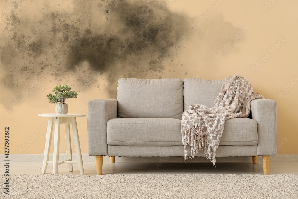 Fototapeta premium Grey sofa and decorative tree on small table near beige wall