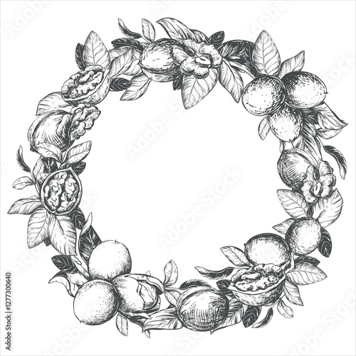 Round frame of hand drawn walnuts. Vector illustration in engraving technique. Design for nut paste, oil, liqueur Nocino. Walnuts in the skin and peeled kernels, leaves are collected in a wreath.