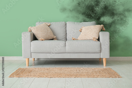 Cozy grey sofa with cushion...