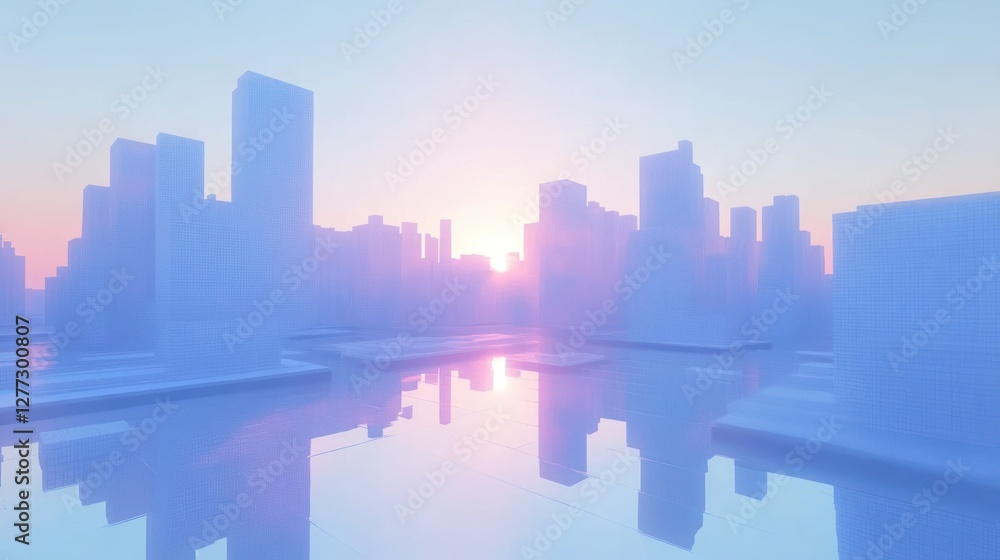 Obraz premium Sunrise city skyline reflection, calm water, pastel colors, urban development, website banner
