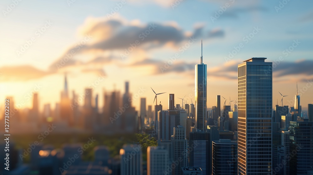 Fototapeta premium Stunning Cityscape at Sunset with Towering Skyscrapers and Wind Turbines in a Modern Urban Environment