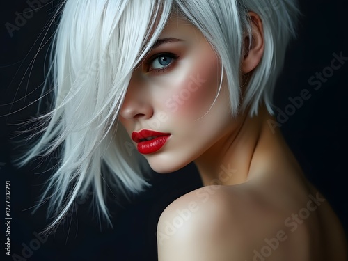 Beautiful woman with white short hair and red lips close-up, chic platinum blonde hairstyle