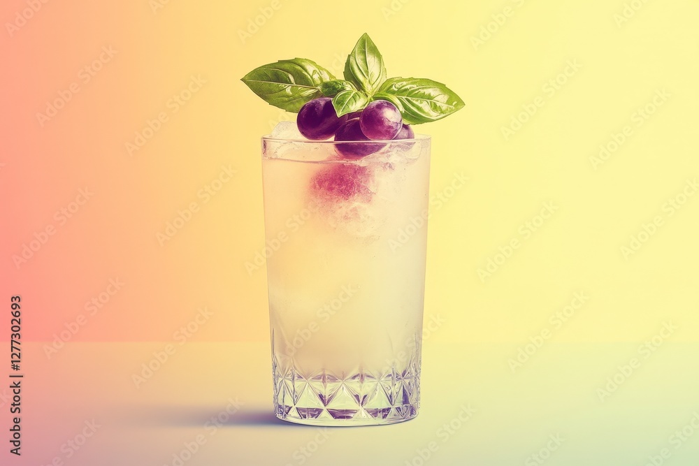 Refreshing Cocktail with Berries and Basil Garnish on Vibrant Background Refreshing Cocktail with Berries and Basil Garnish on Vibrant Background