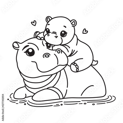Line art of baby hippo cuddles mother hippo in the river cartoon vector