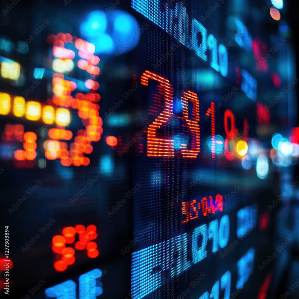 Market data analysis financial district digital display urban environment nighttime view economic insights Market data analysis financial district digital display urban environment nighttime view economic insights