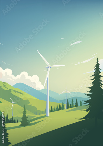Environmental protection poster design wind turbines between trees and mountains