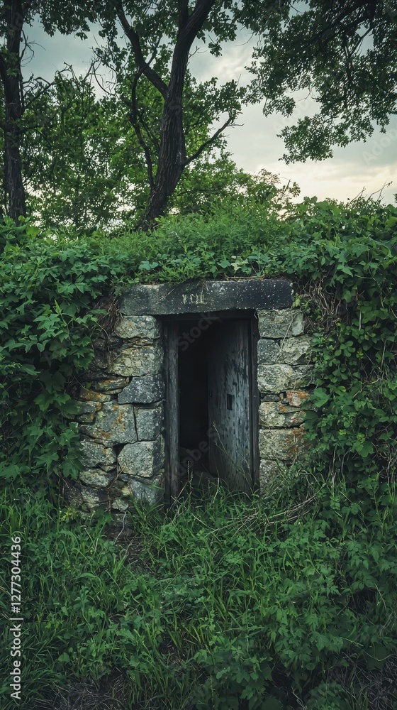 Abandoned Stone Doorway Surrounded by Lush Green Vegetation Abandoned Stone Doorway Surrounded by Lush Green Vegetation