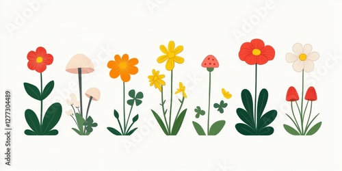 Colorful Floral Illustration with Various Flower Types and Foliage