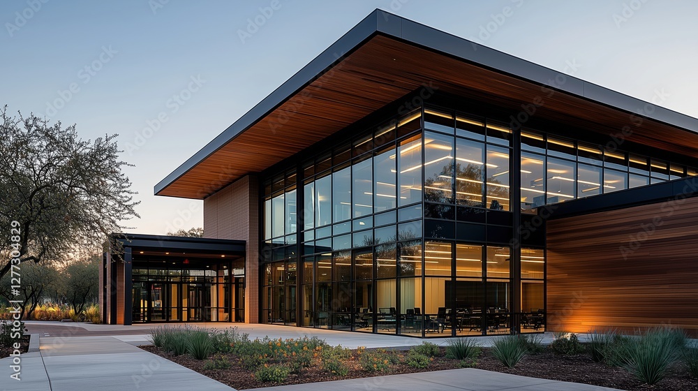 Modern architectural design of a sleek building with large glass windows and warm wooden accents at dusk showcasing contemporary style and natural surroundings Modern architectural design of a sleek building with large glass windows and warm wooden accents at dusk showcasing contemporary style and natural surroundings