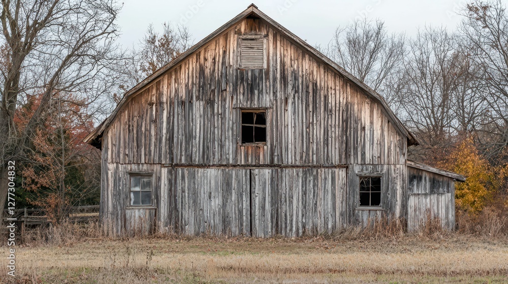 Weathered Wooden Barn Surrounded by Autumn Landscape and Trees Weathered Wooden Barn Surrounded by Autumn Landscape and Trees