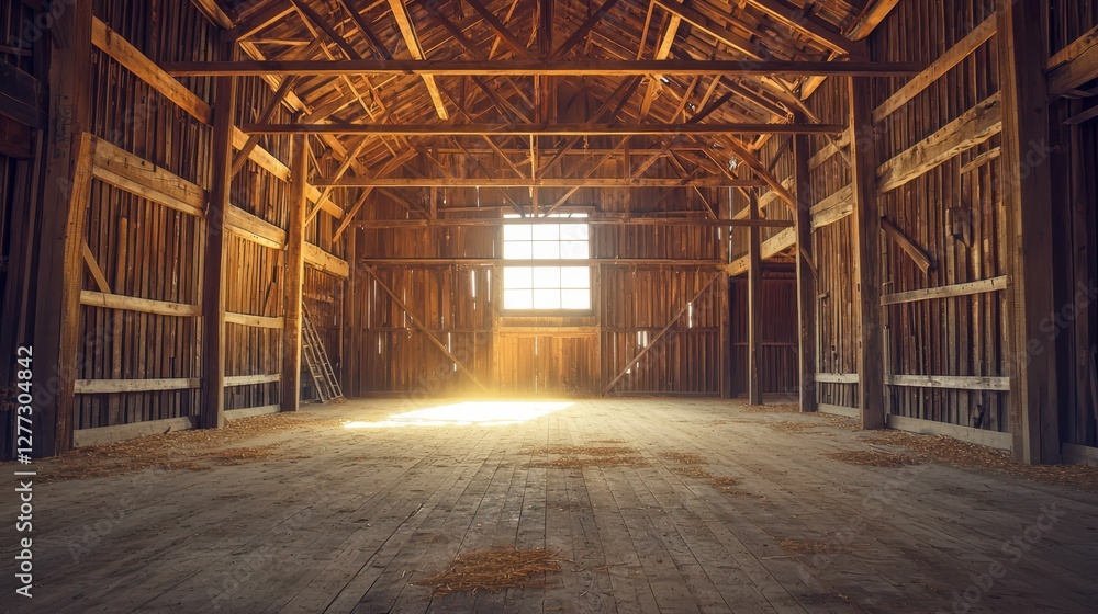 Spacious Rustic Barn Interior with Wooden Beams and Natural Light Spacious Rustic Barn Interior with Wooden Beams and Natural Light