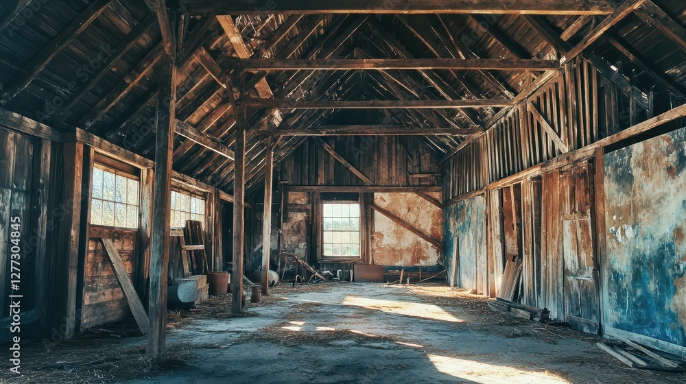 Rustic Abandoned Barn Interior with Weathered Wood and Sunlight Rustic Abandoned Barn Interior with Weathered Wood and Sunlight