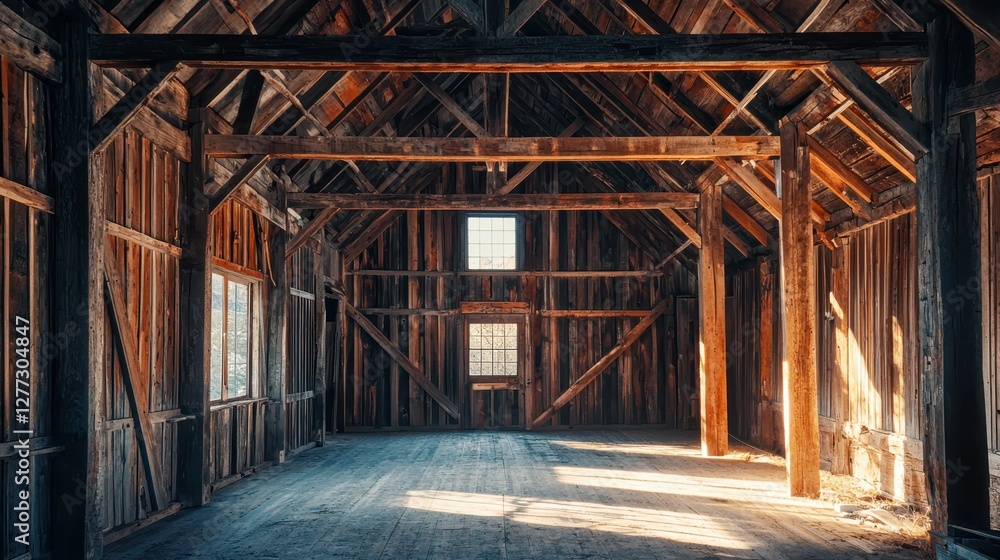 Cozy Rustic Barn Interior with Wooden Beams and Natural Light Cozy Rustic Barn Interior with Wooden Beams and Natural Light