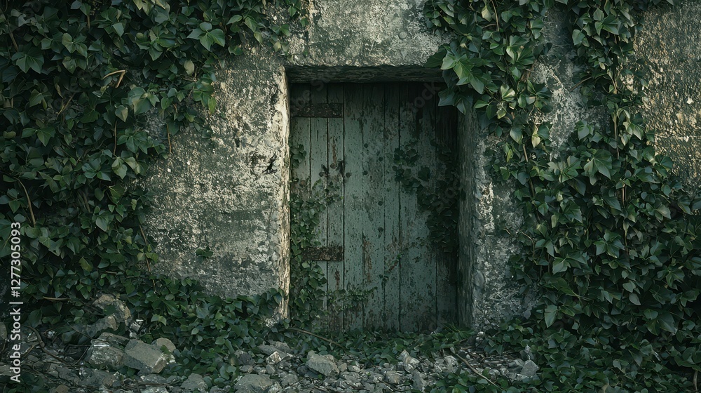 Weathered Green Door Surrounded by Lush Green Ivy and Stone Wall Weathered Green Door Surrounded by Lush Green Ivy and Stone Wall