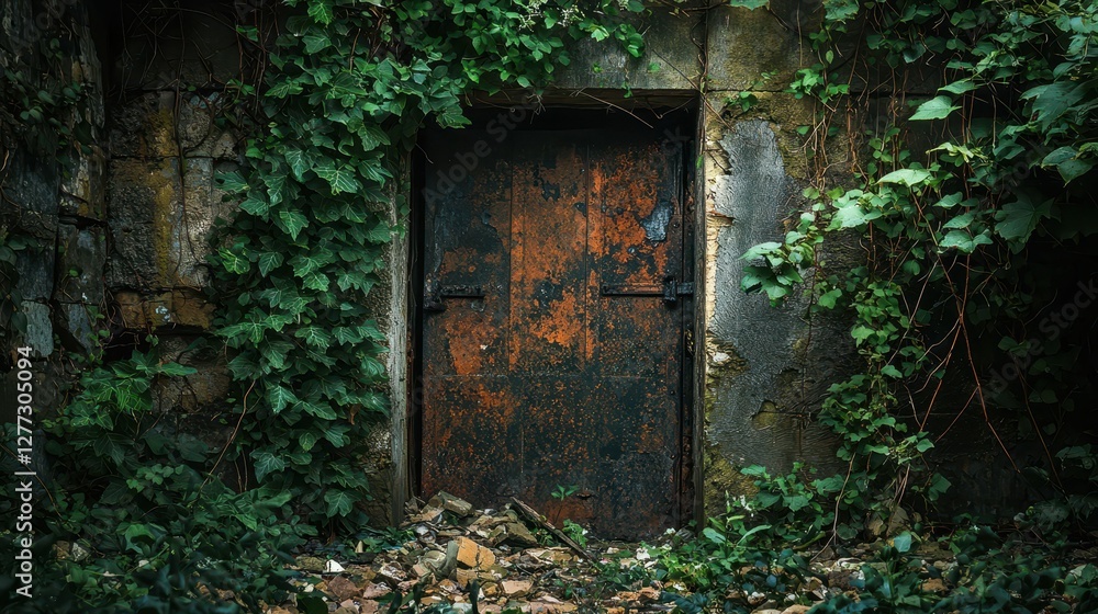 Weathered Metal Door Surrounded by Green Vines in an Abandoned Area