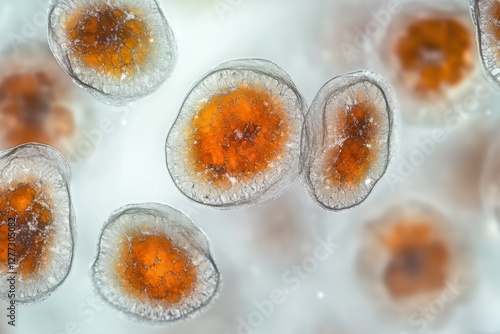 Aging cells magnified under precise laboratory conditions, showing clear signs of senescence and decay. Featuring biological decline
