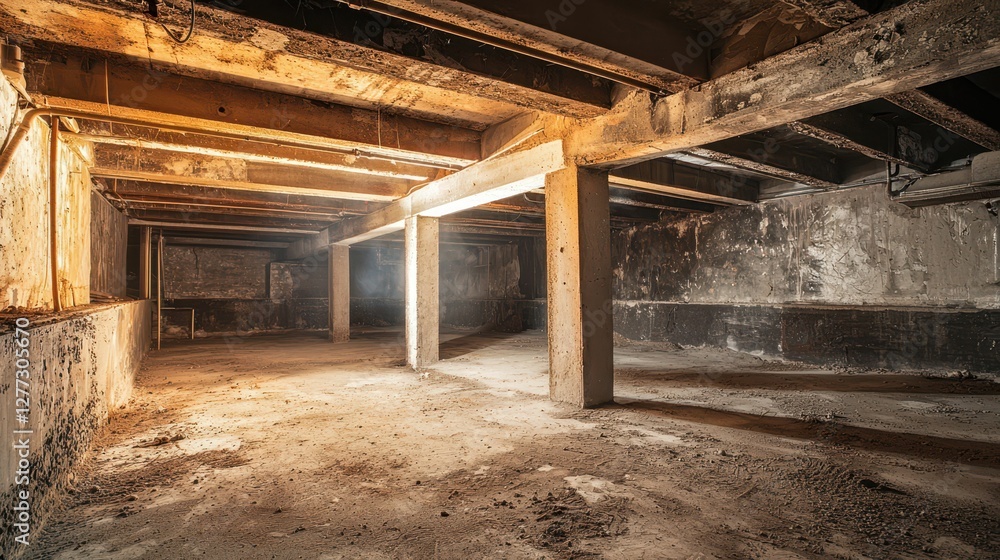 Abandoned Underground Space with Dim Lighting and Crumbling Walls Abandoned Underground Space with Dim Lighting and Crumbling Walls
